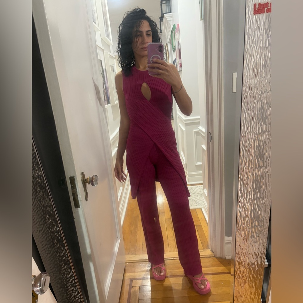 Matching Pink/ purple large ribbed Sleeveless long tunic and pant set